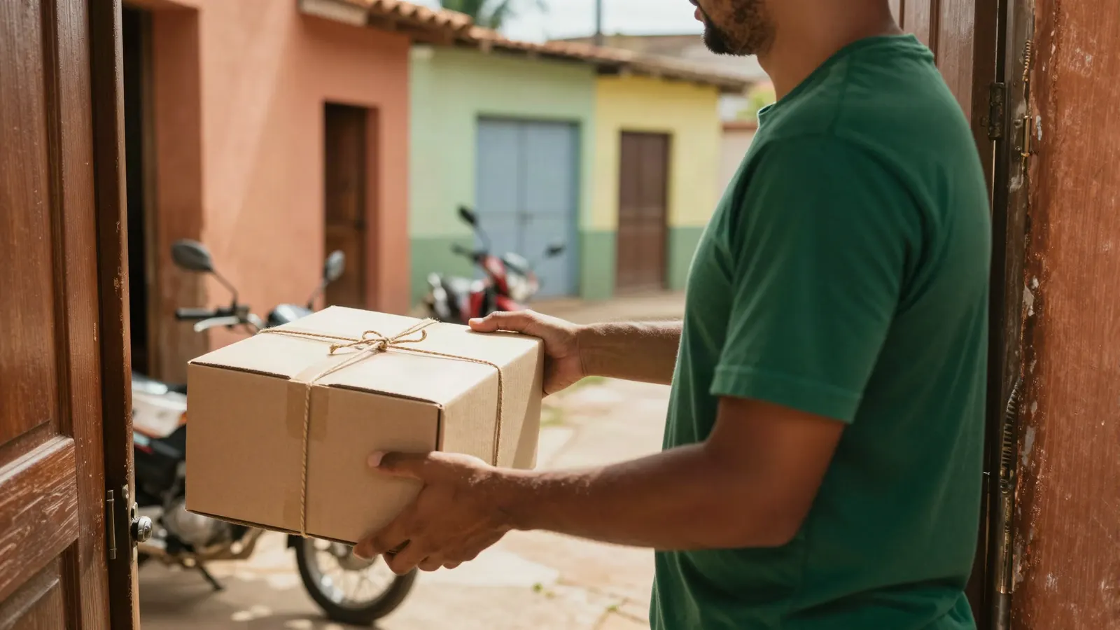 Entregador passando uma caixa de papel kraft a um cliente na porta de casa.