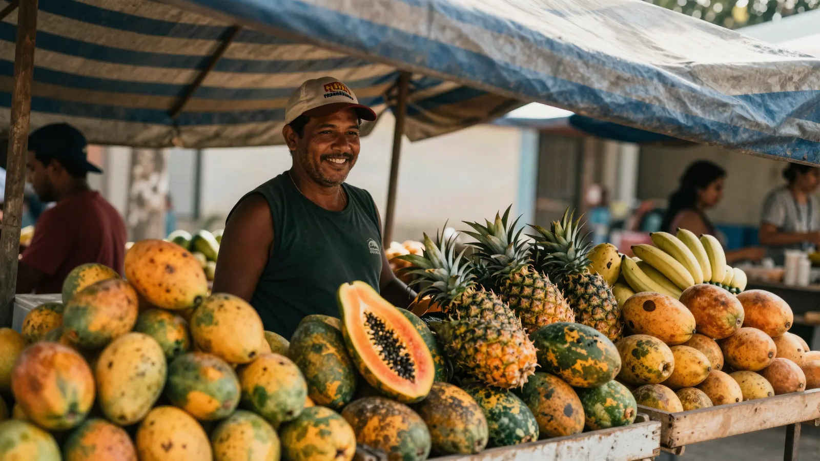 Feirante sorrindo atrás da banca de mamão, manga e abacaxi.