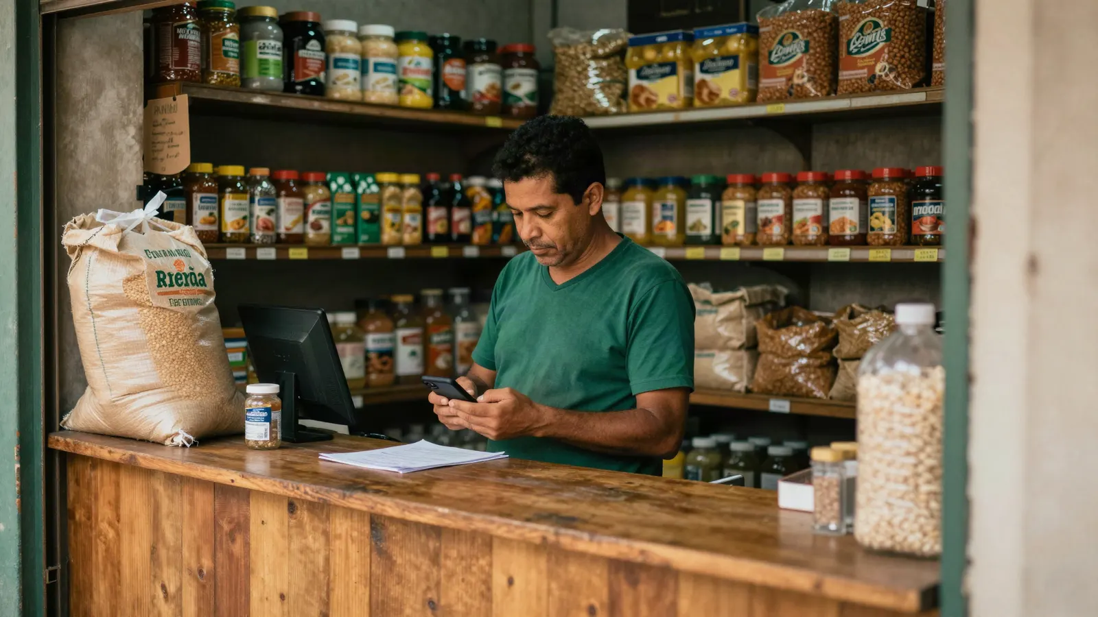 Dono de um mercadinho conferindo pedidos no celular atrás do balcão.