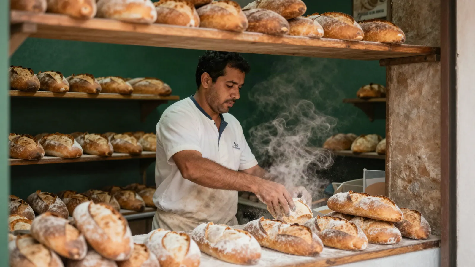Padeiro arrumando pães recém-assados na prateleira.